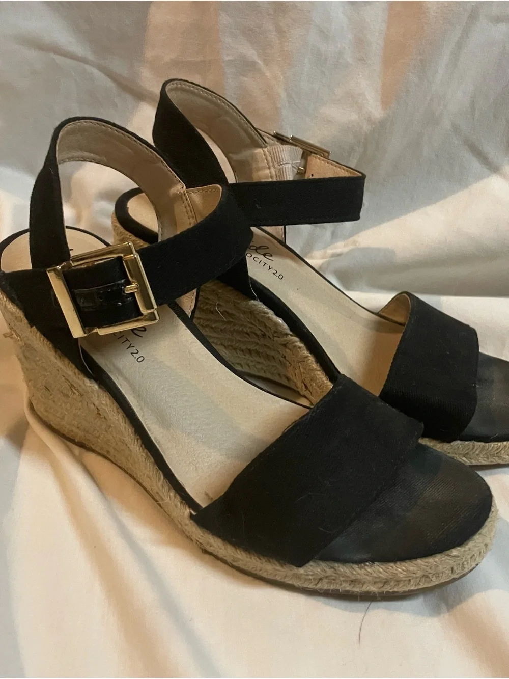 Life Stride Black Espadrille Wedge Sandals with Gold Buckle